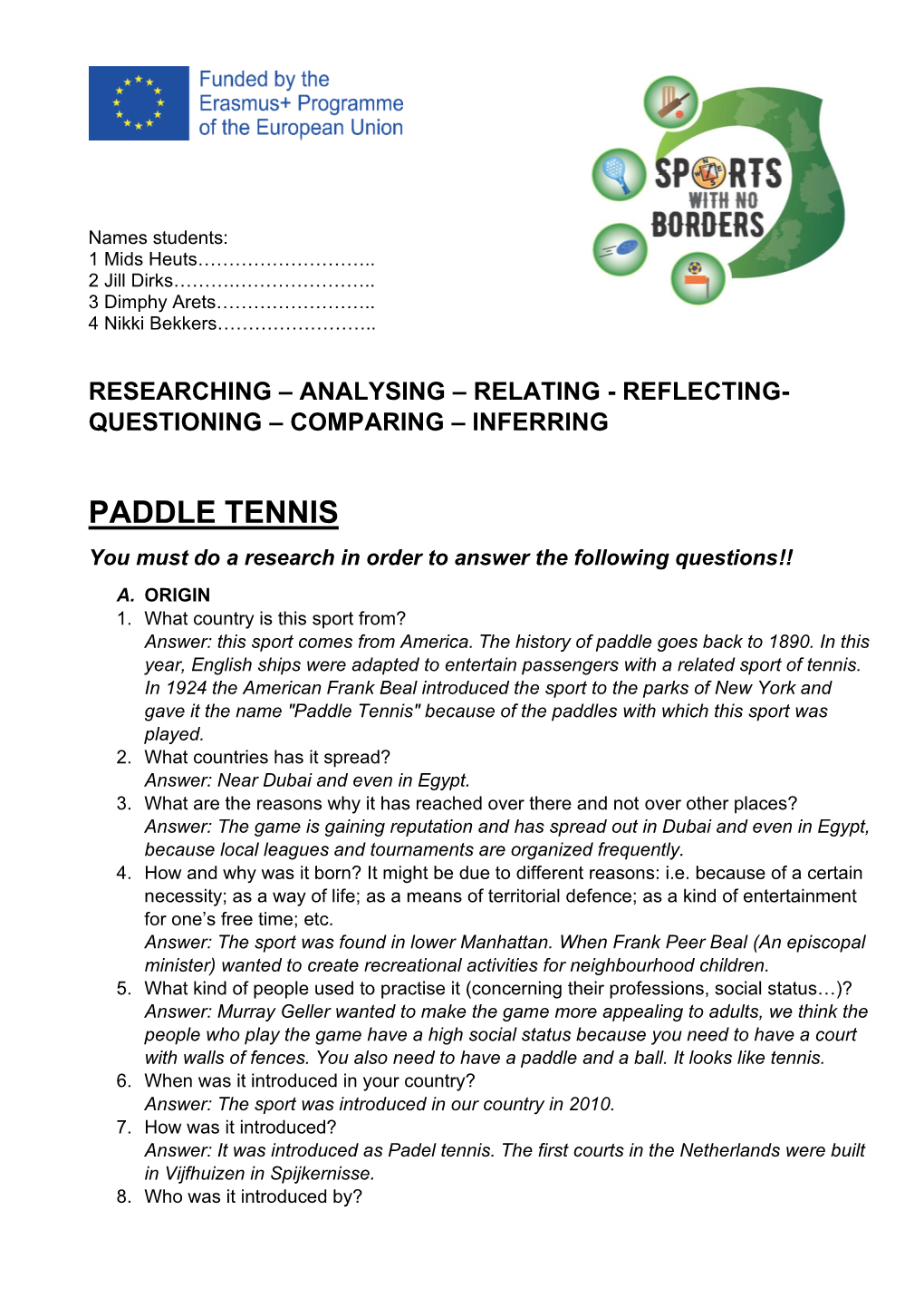 PADDLE TENNIS You Must Do a Research in Order to Answer the Following Questions!! A