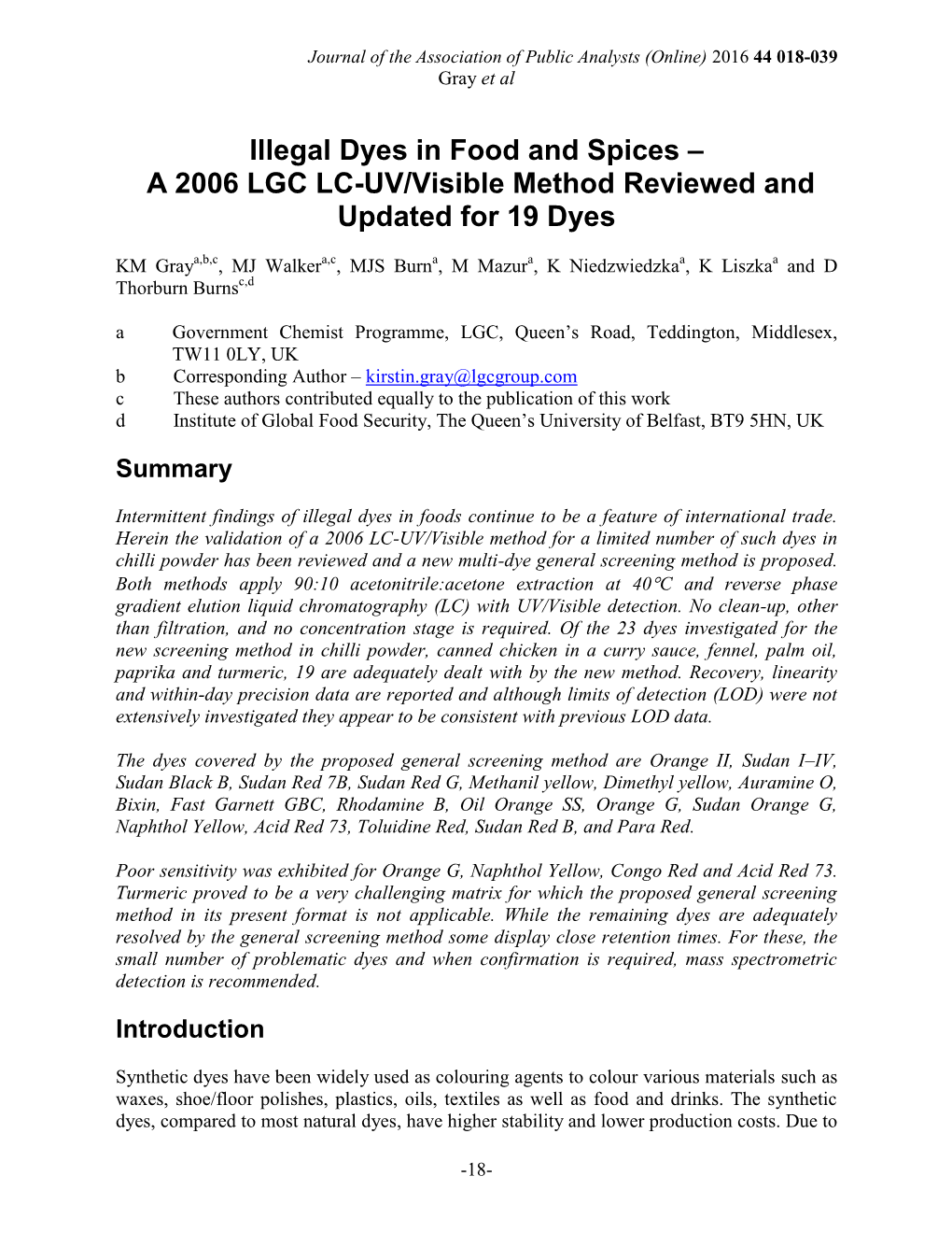 Illegal Dyes in Food and Spices – a 2006 LGC LC-UV/Visible Method Reviewed and Updated for 19 Dyes