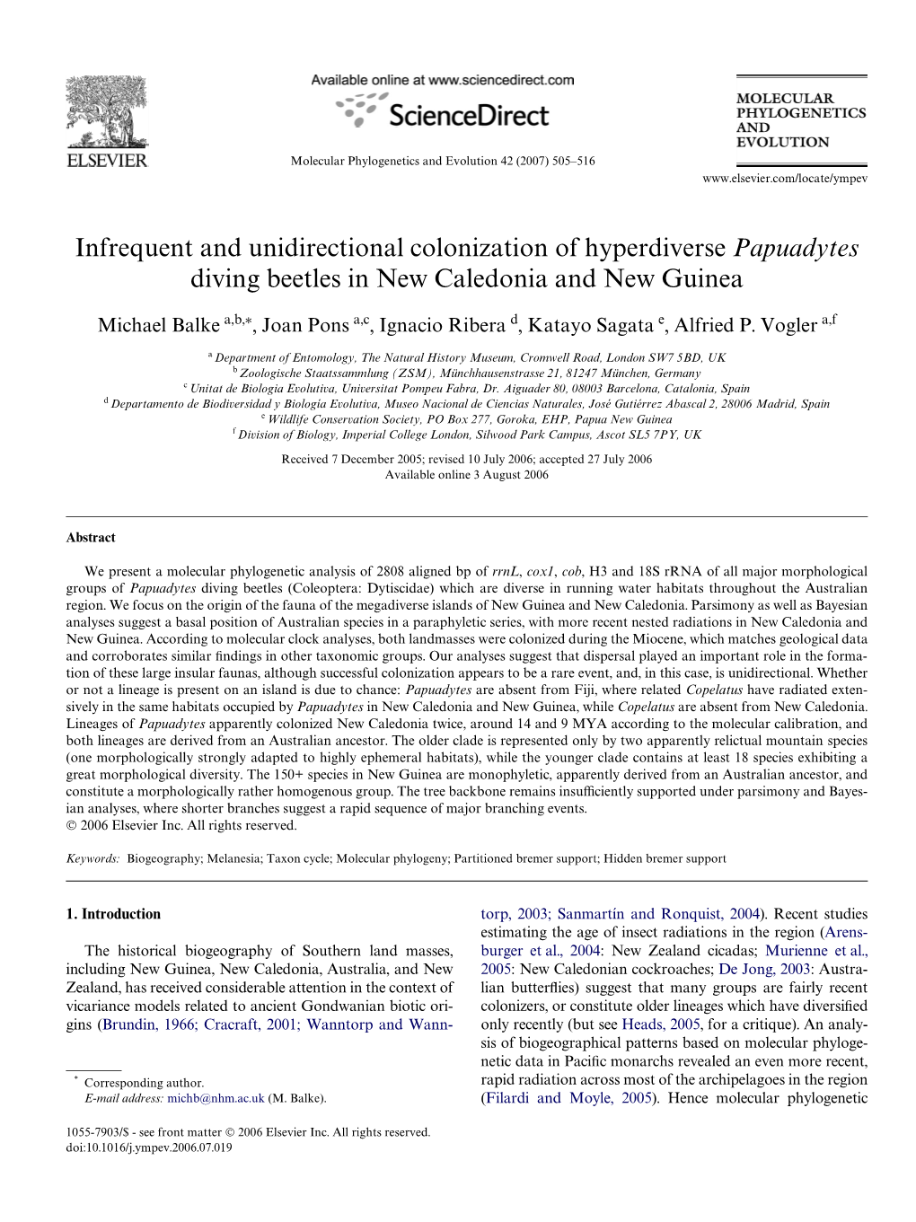 Infrequent and Unidirectional Colonization of Hyperdiverse Papuadytes Diving Beetles in New Caledonia and New Guinea