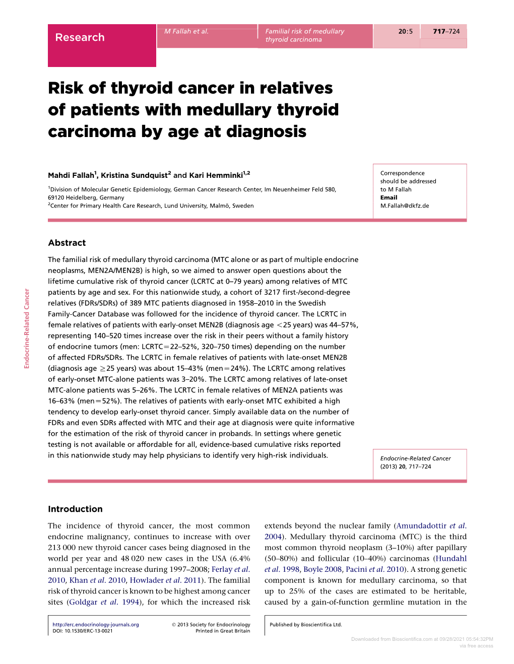 Risk of Thyroid Cancer in Relatives of Patients with Medullary Thyroid Carcinoma by Age at Diagnosis