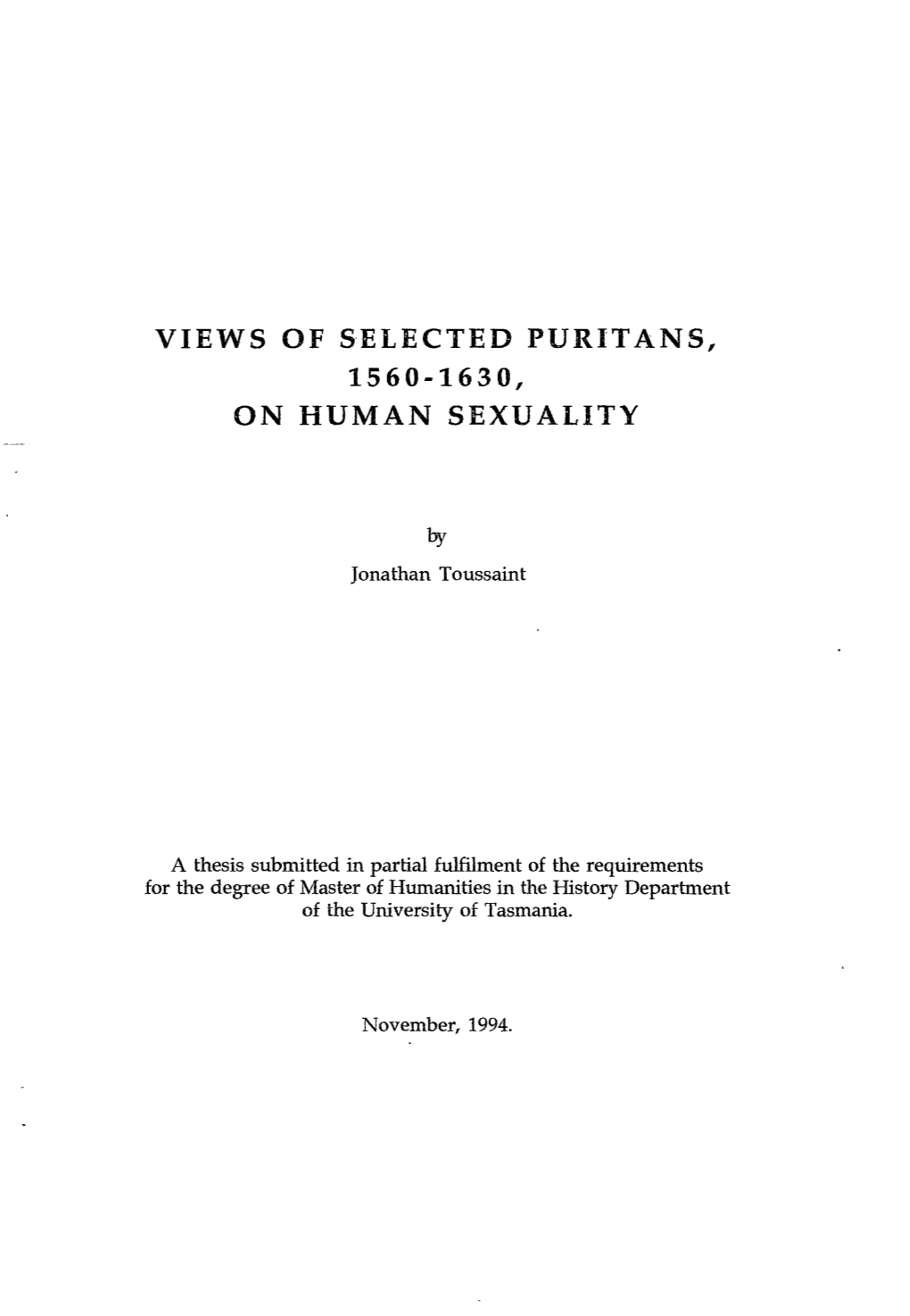 Views of Selected Puritans, 1560-1630, on Human Sexuality