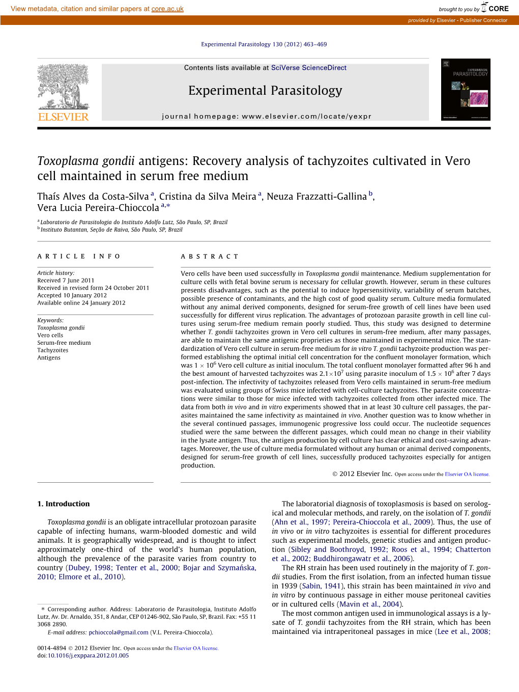 Toxoplasma Gondii Antigens: Recovery Analysis of Tachyzoites Cultivated in Vero Cell Maintained in Serum Free Medium