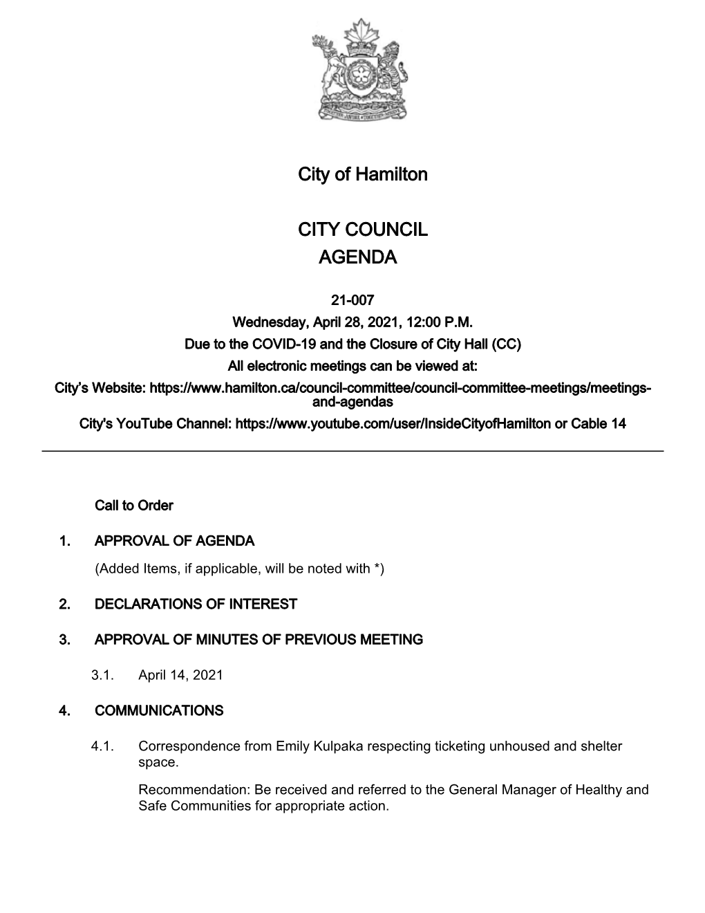 City of Hamilton Agenda Package