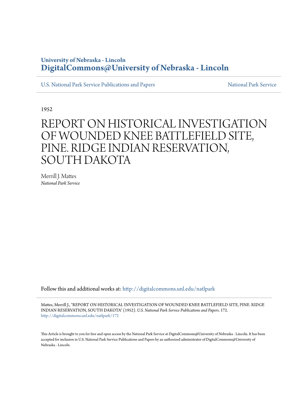 Report on Historical Investigation of Wounded Knee Battlefield Site, Pine