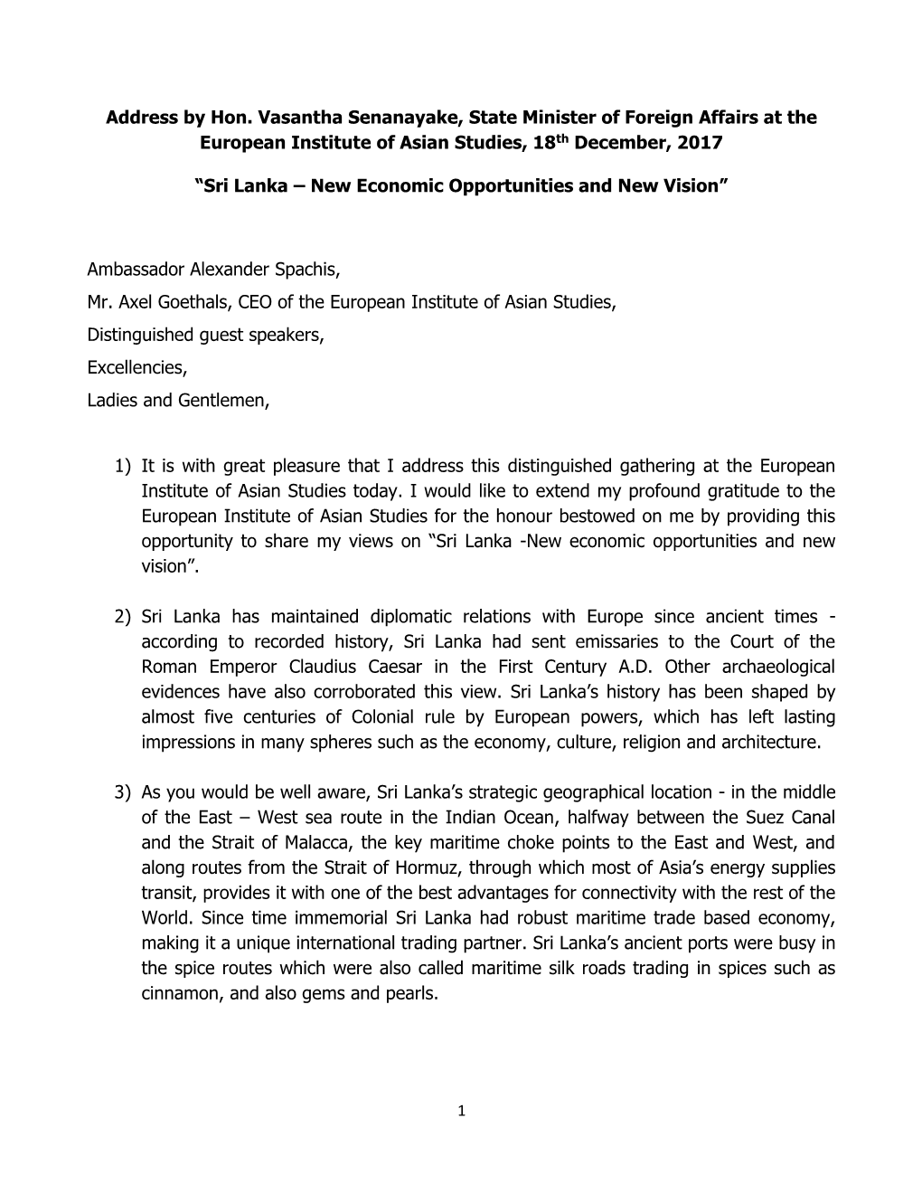 Address by Hon. Vasantha Senanayake, State Minister of Foreign Affairs at the European Institute of Asian Studies, 18Th December, 2017