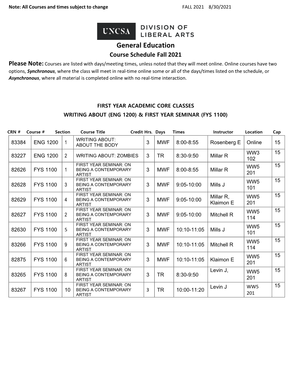 DLA Fall 2021 Schedule