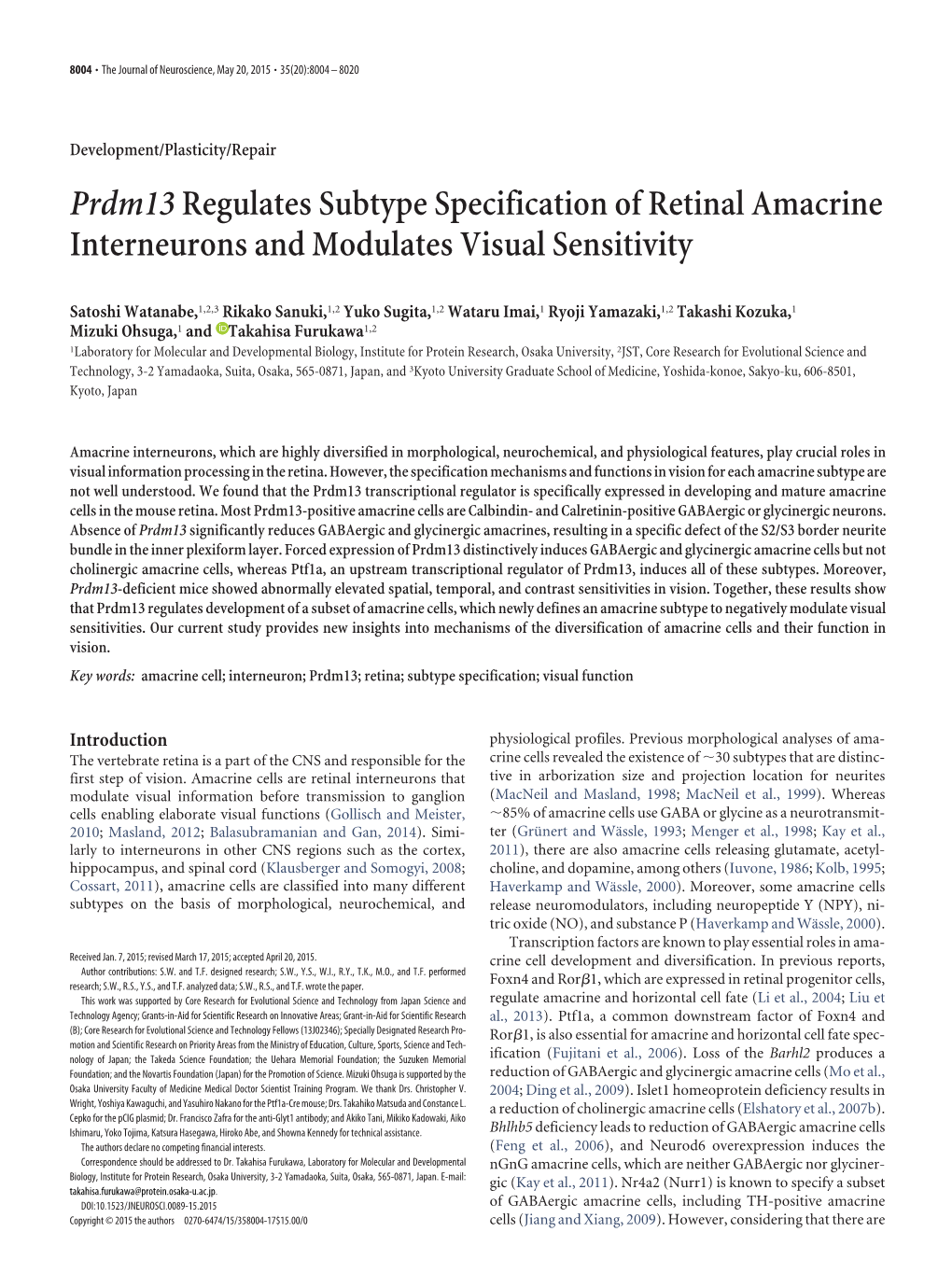 Prdm13regulates Subtype Specification of Retinal Amacrine