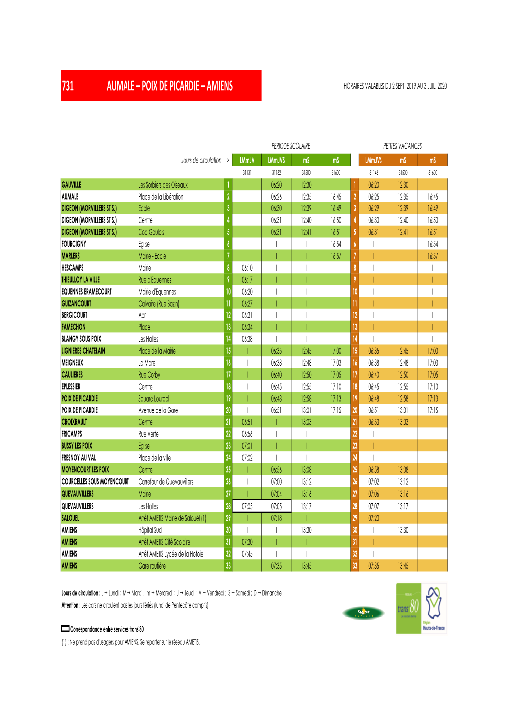 731 Aumale – Poix De Picardie – Amiens Horaires Valables Du 2 Sept