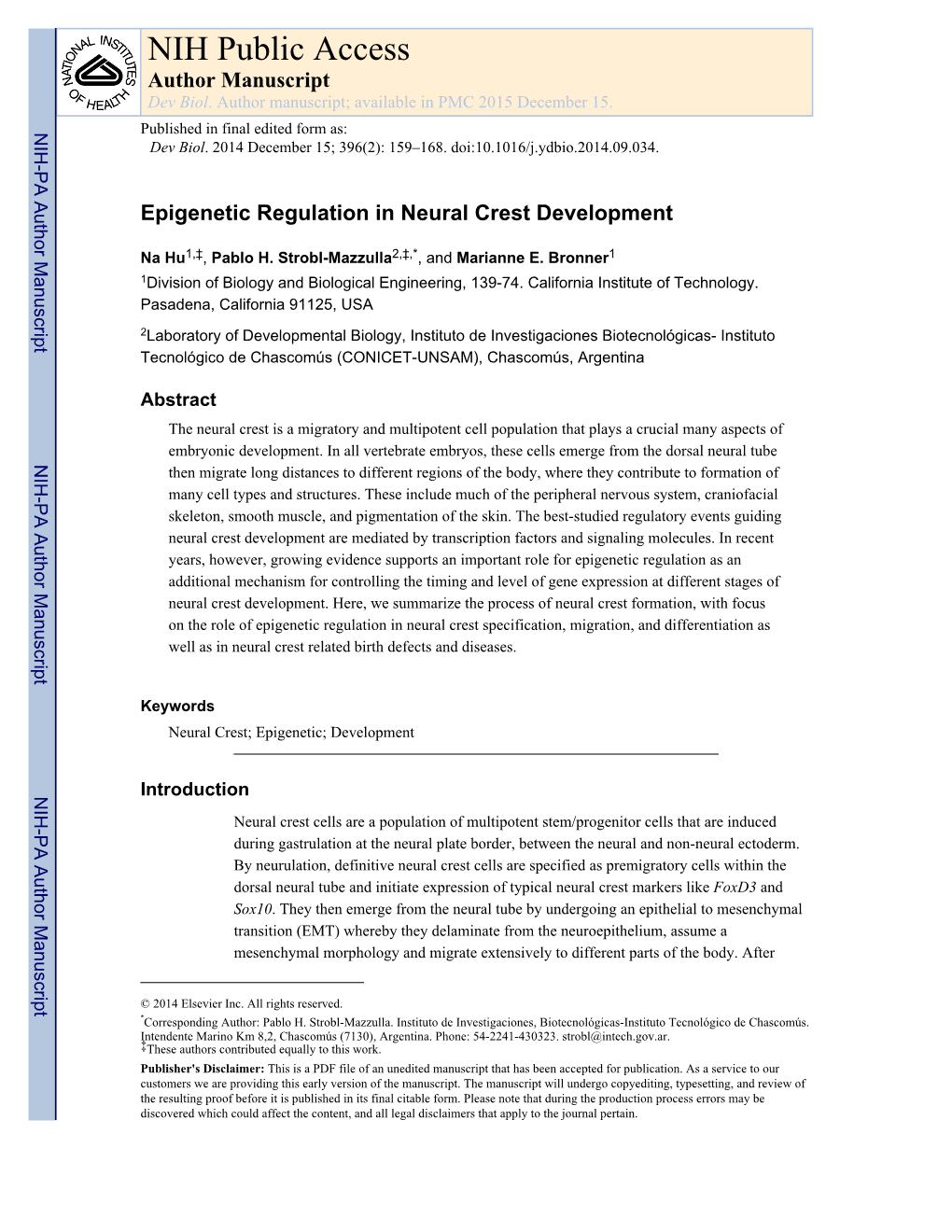 Epigenetic Regulation in Neural Crest Development