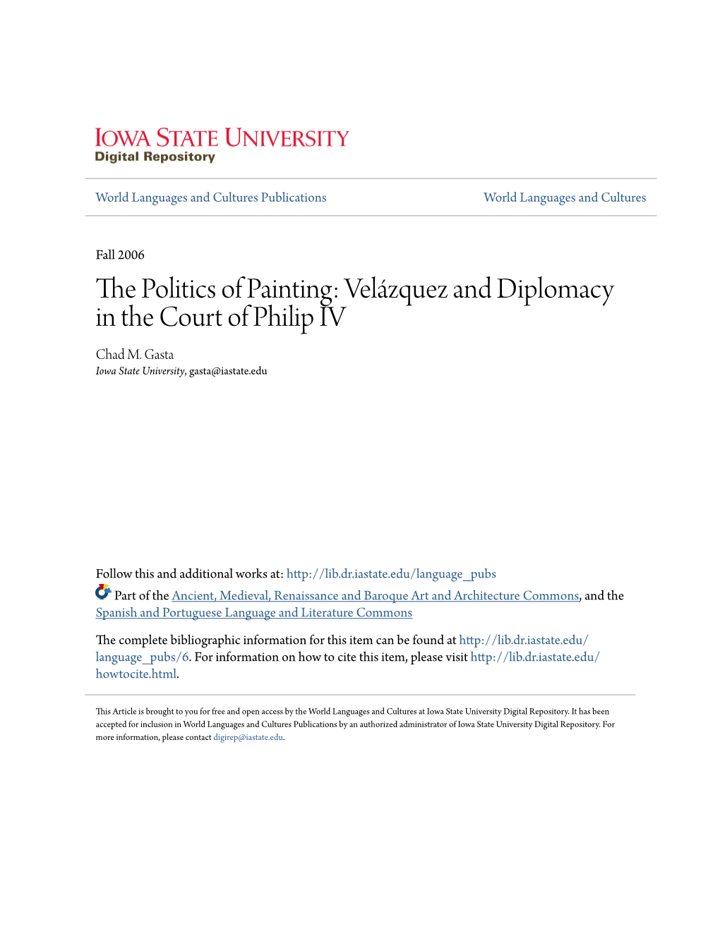 Velázquez and Diplomacy in the Court of Philip IV Chad M