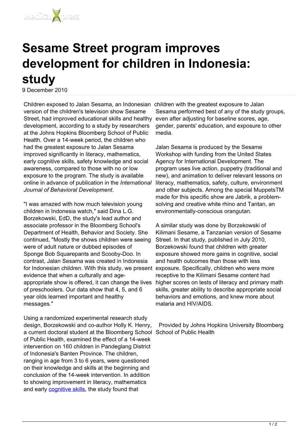 Sesame Street Program Improves Development for Children in Indonesia: Study 9 December 2010