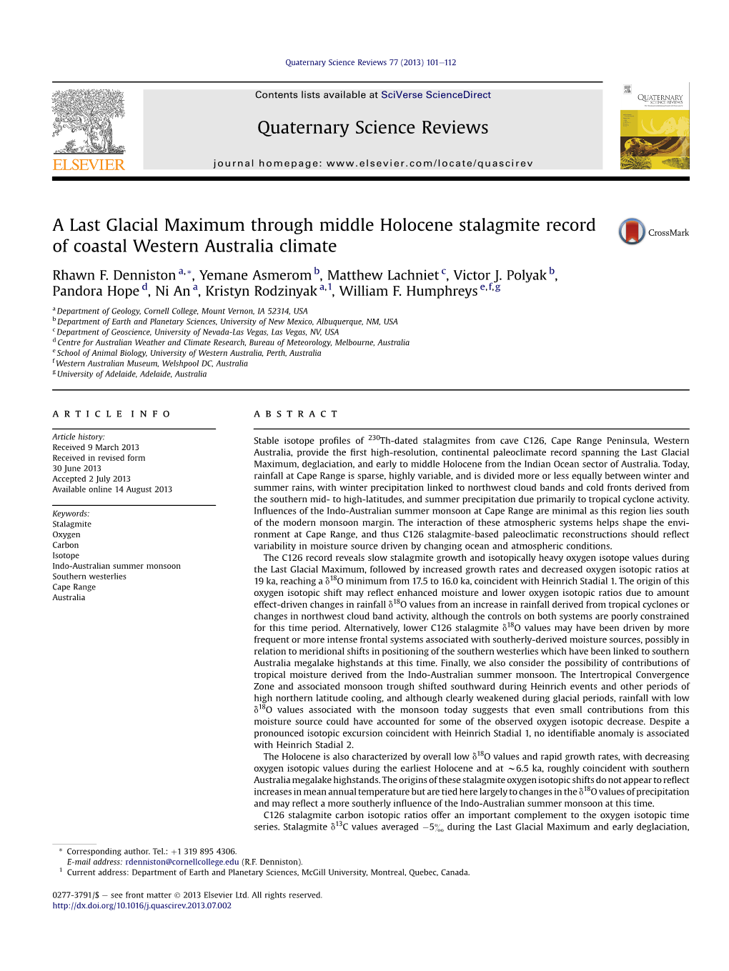 A Last Glacial Maximum Through Middle Holocene Stalagmite Record of Coastal Western Australia Climate