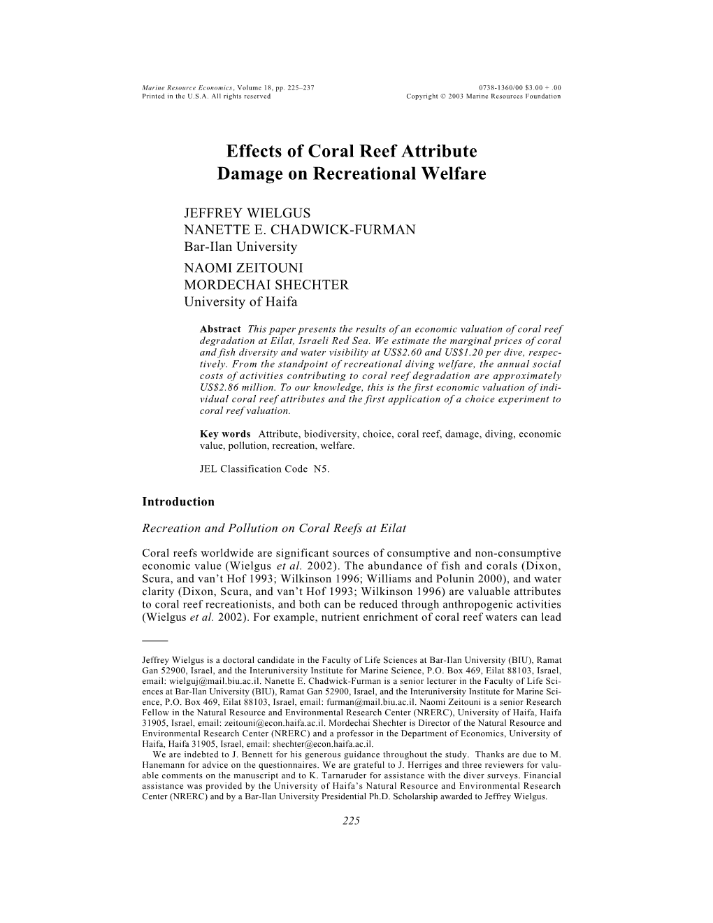 Effects of Coral Reef Attribute Damage on Recreational Welfare