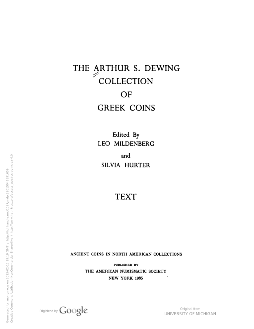 The Arthur S. Dewing Collection of Greek Coins. Text