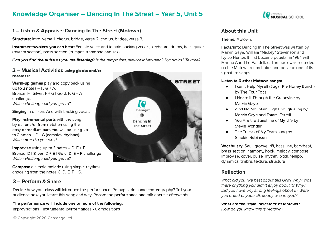 Knowledge Organiser – Dancing in the Street – Year 5, Unit 5