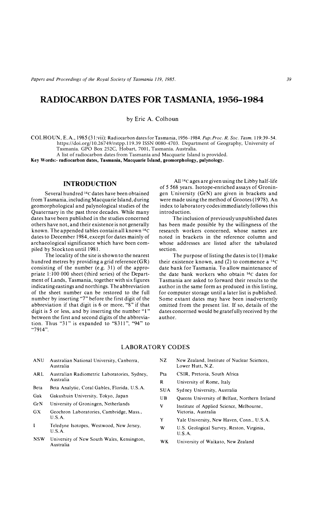 Radiocarbon Dates for Tasmania, 1956-1984