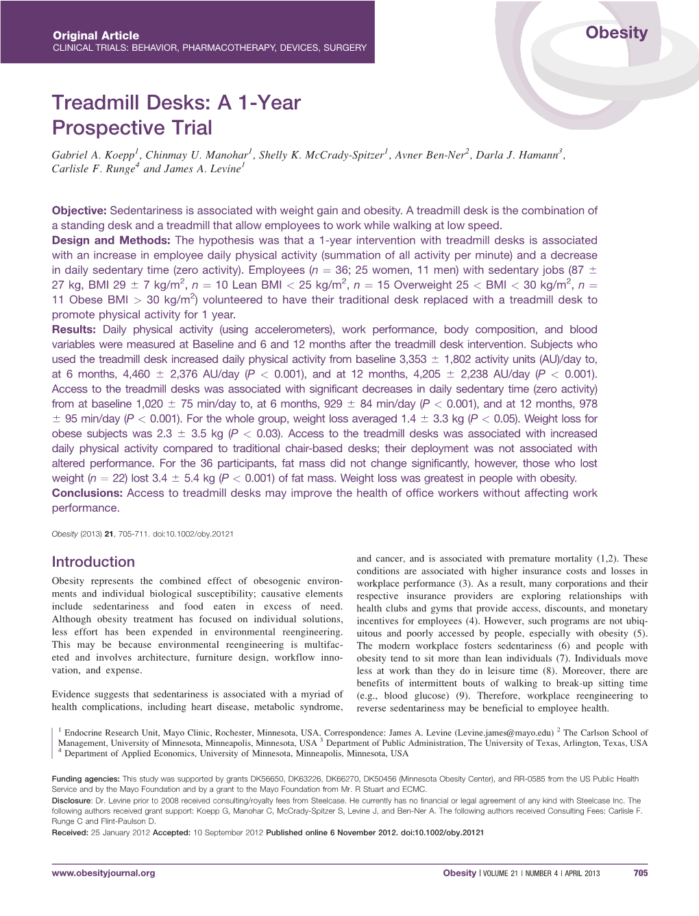 Treadmill Desks: a 1-Year Prospective Trial Gabriel A