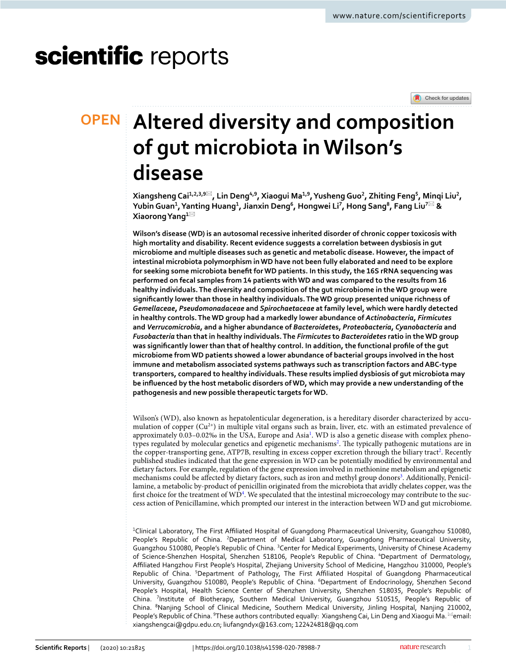 Altered Diversity and Composition of Gut Microbiota in Wilson's Disease