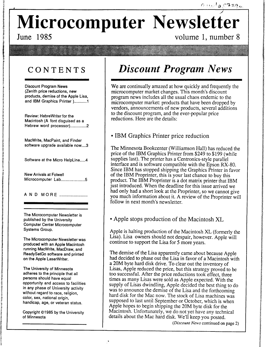 Microcomputer Newsletter June 1985 Volume 1, Number 8