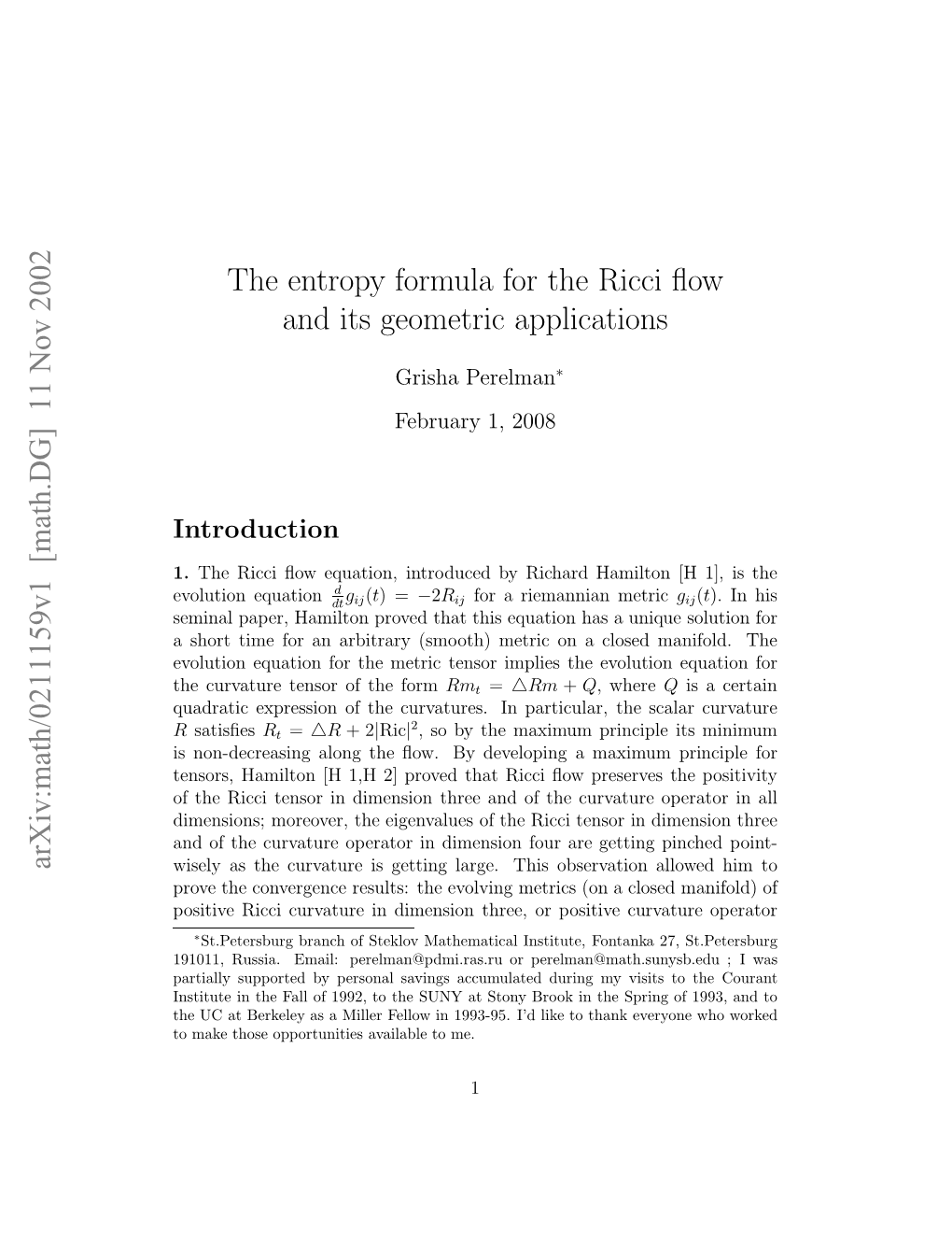 The Entropy Formula for the Ricci Flow and Its Geometric Applications