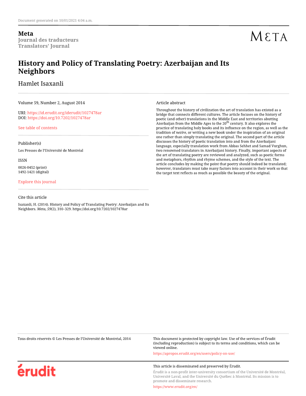 History and Policy of Translating Poetry: Azerbaijan and Its Neighbors Hamlet Isaxanli