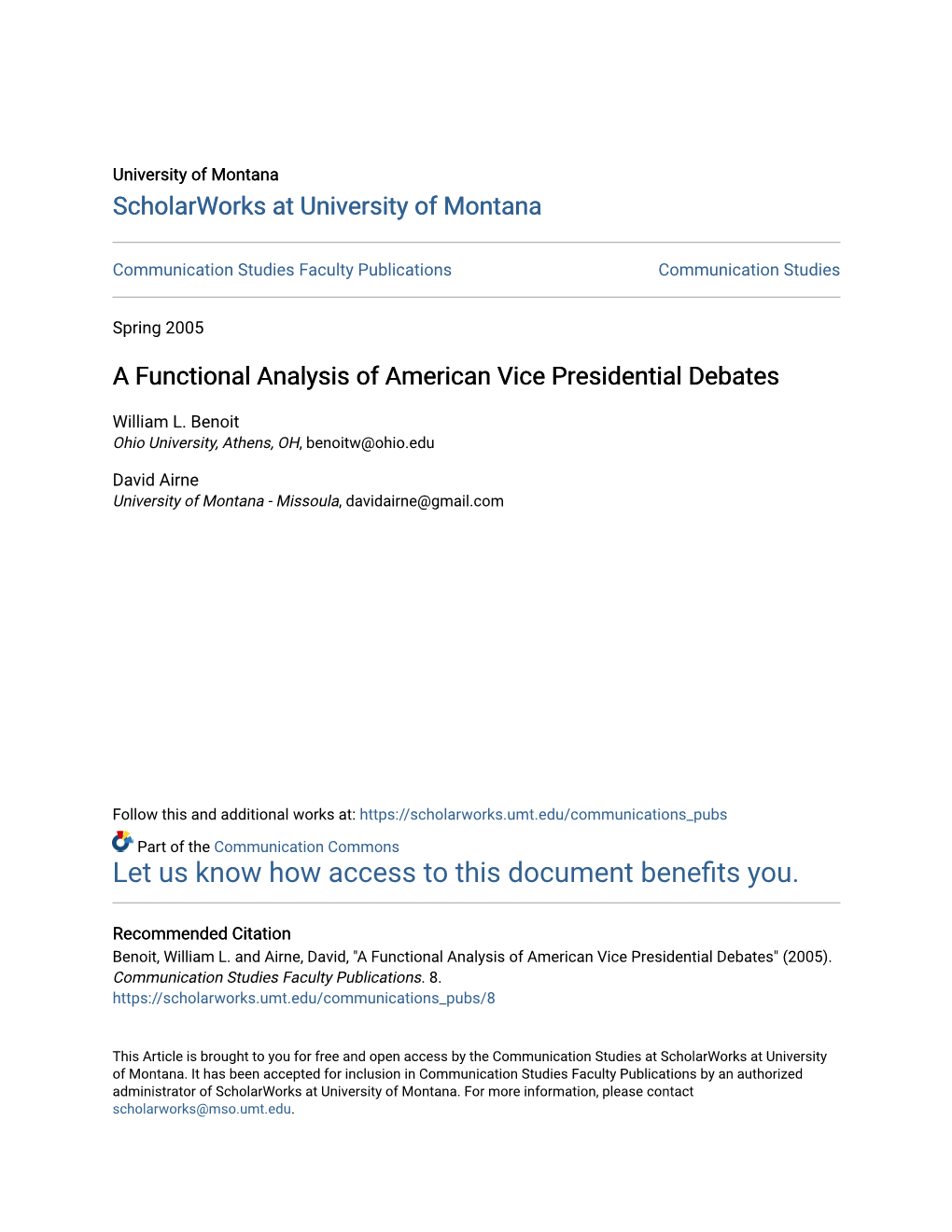 A Functional Analysis of American Vice Presidential Debates