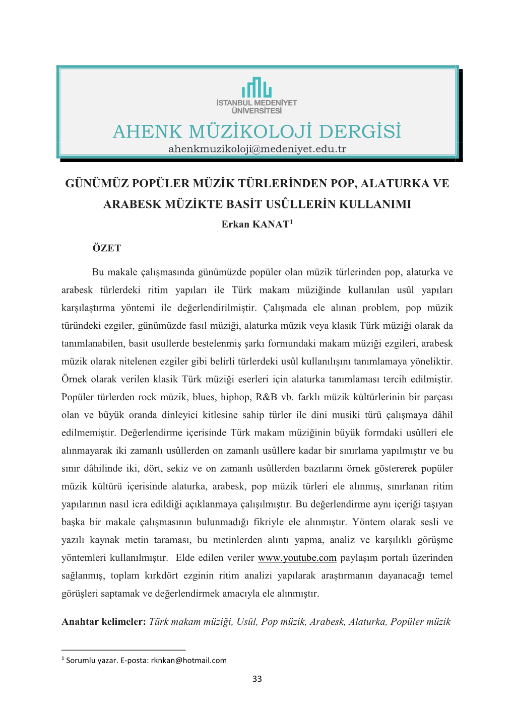 AHENK MÜZİKOLOJİ DERGİSİ Ahenkmuzikoloji@Medeniyet.Edu.Tr