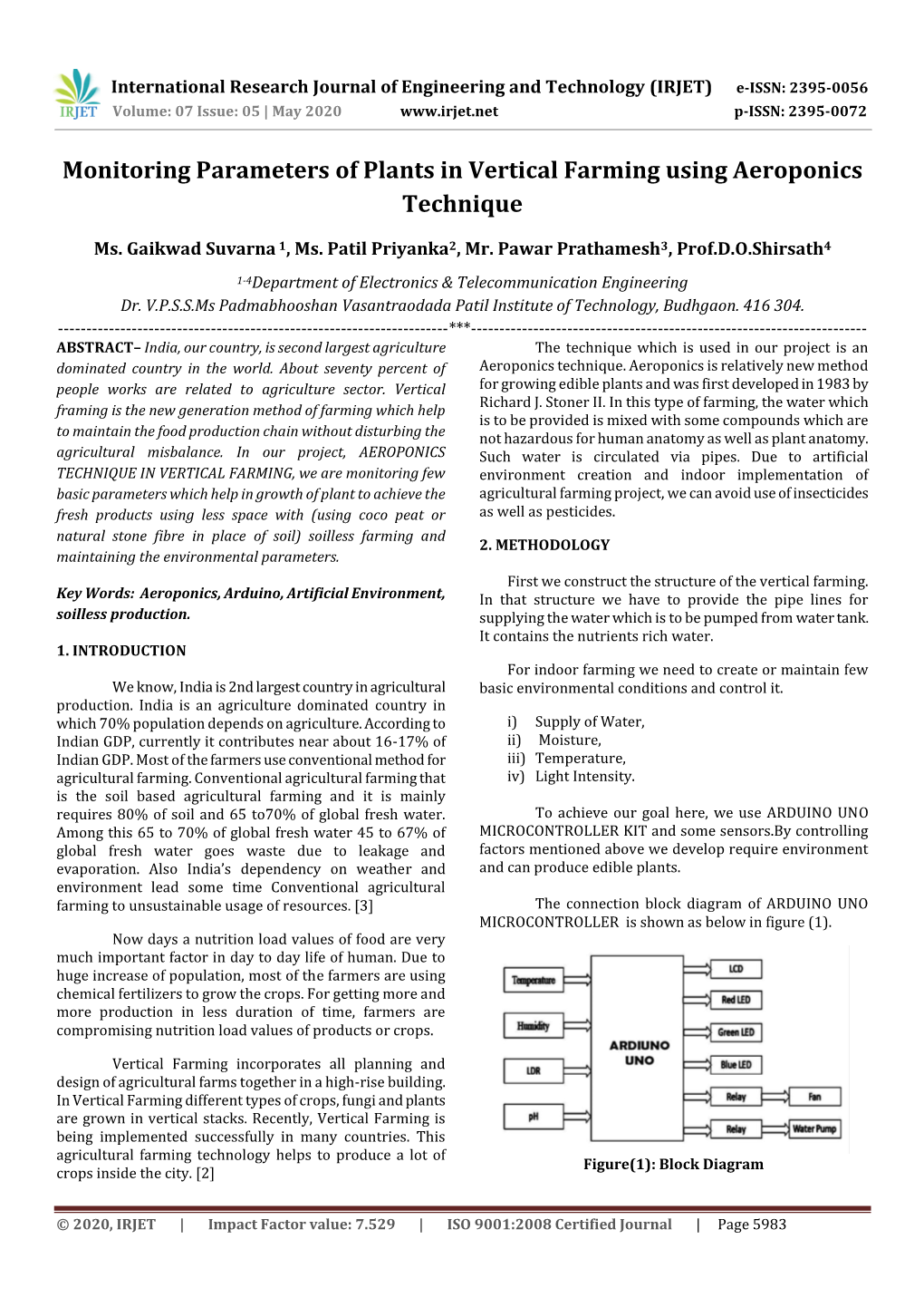 Monitoring Parameters of Plants in Vertical Farming Using Aeroponics Technique