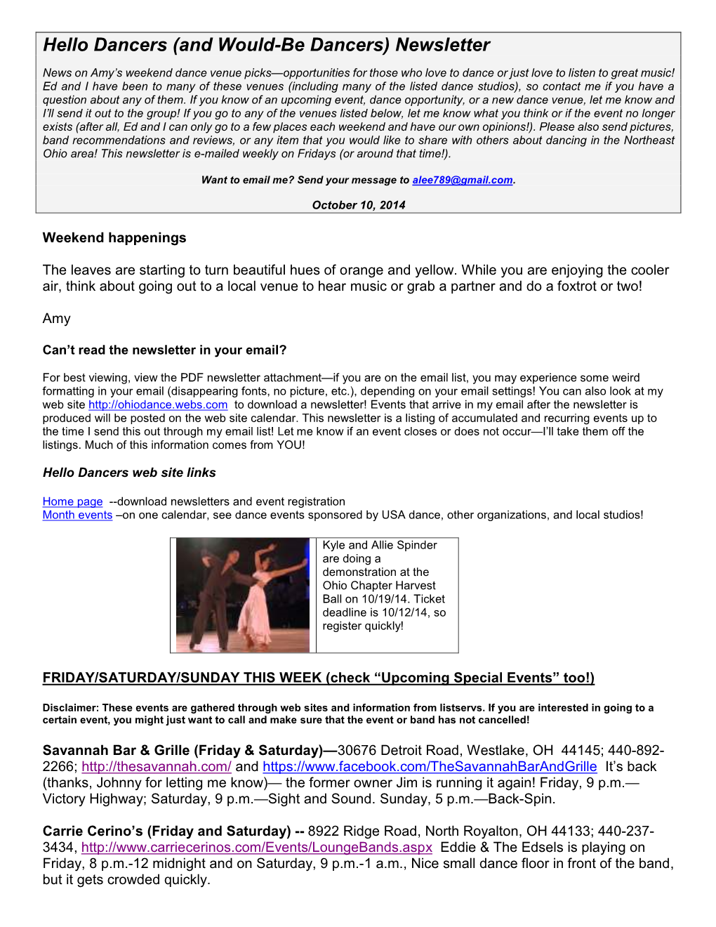 Hello Dancers (And Would-Be Dancers) Newsletter