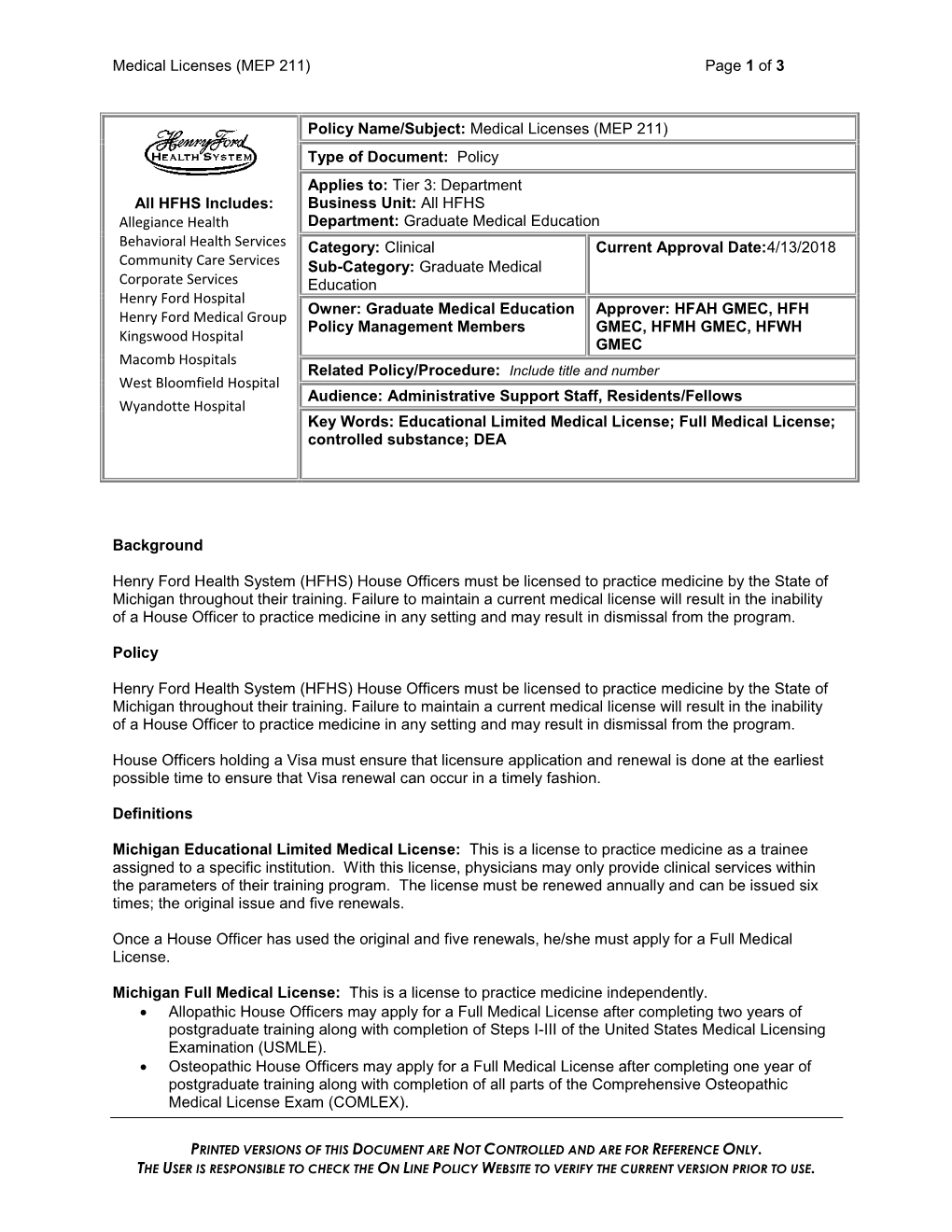 Medical Licenses (MEP 211) Page 1 of 3