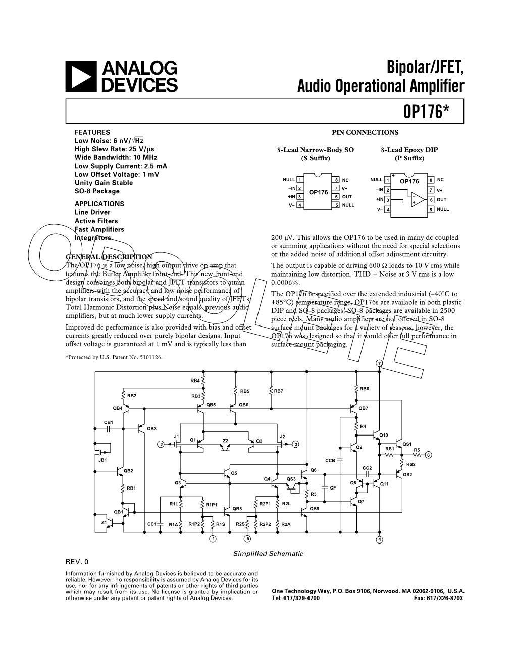 Bipolar/JFET, Audio Operational Amplifier OP176*