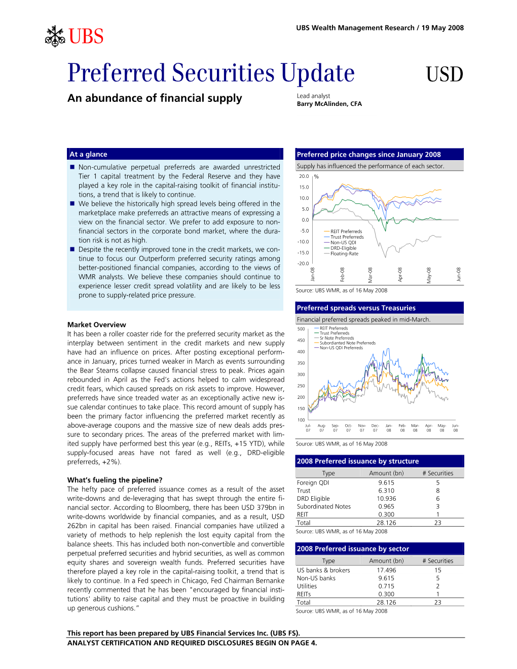 Preferred Securities Update USD Lead Analyst an Abundance of Financial Supply Barry Mcalinden, CFA