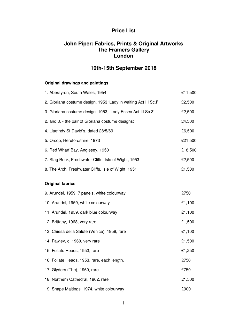 Price List John Piper