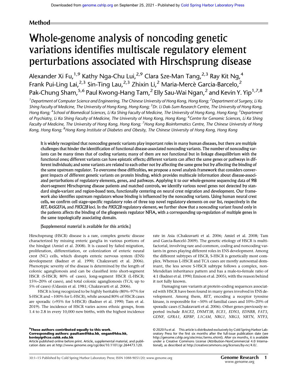 Whole-Genome Analysis of Noncoding Genetic Variations Identifies Multiscale Regulatory Element Perturbations Associated with Hirschsprung Disease