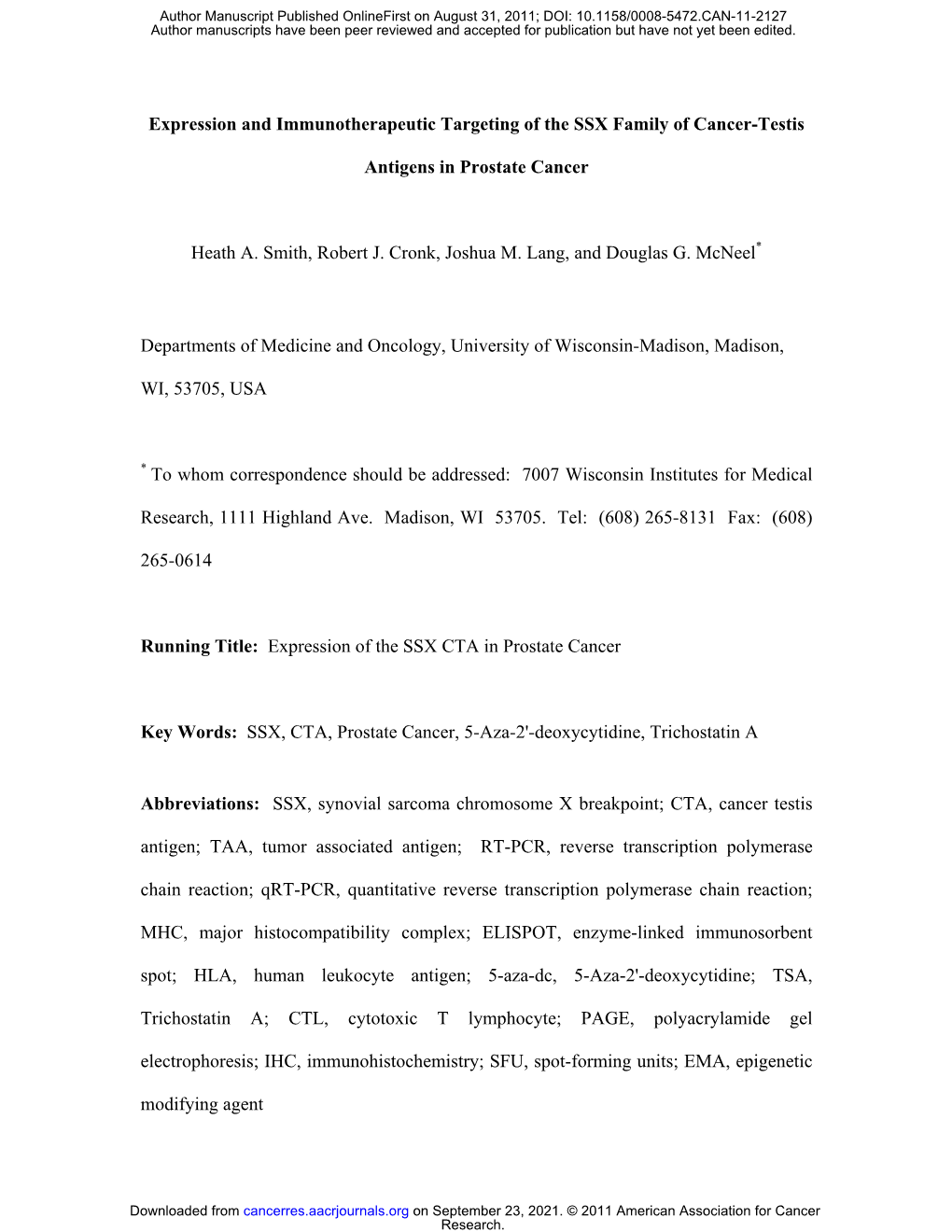 Expression and Immunotherapeutic Targeting of the SSX Family of Cancer-Testis