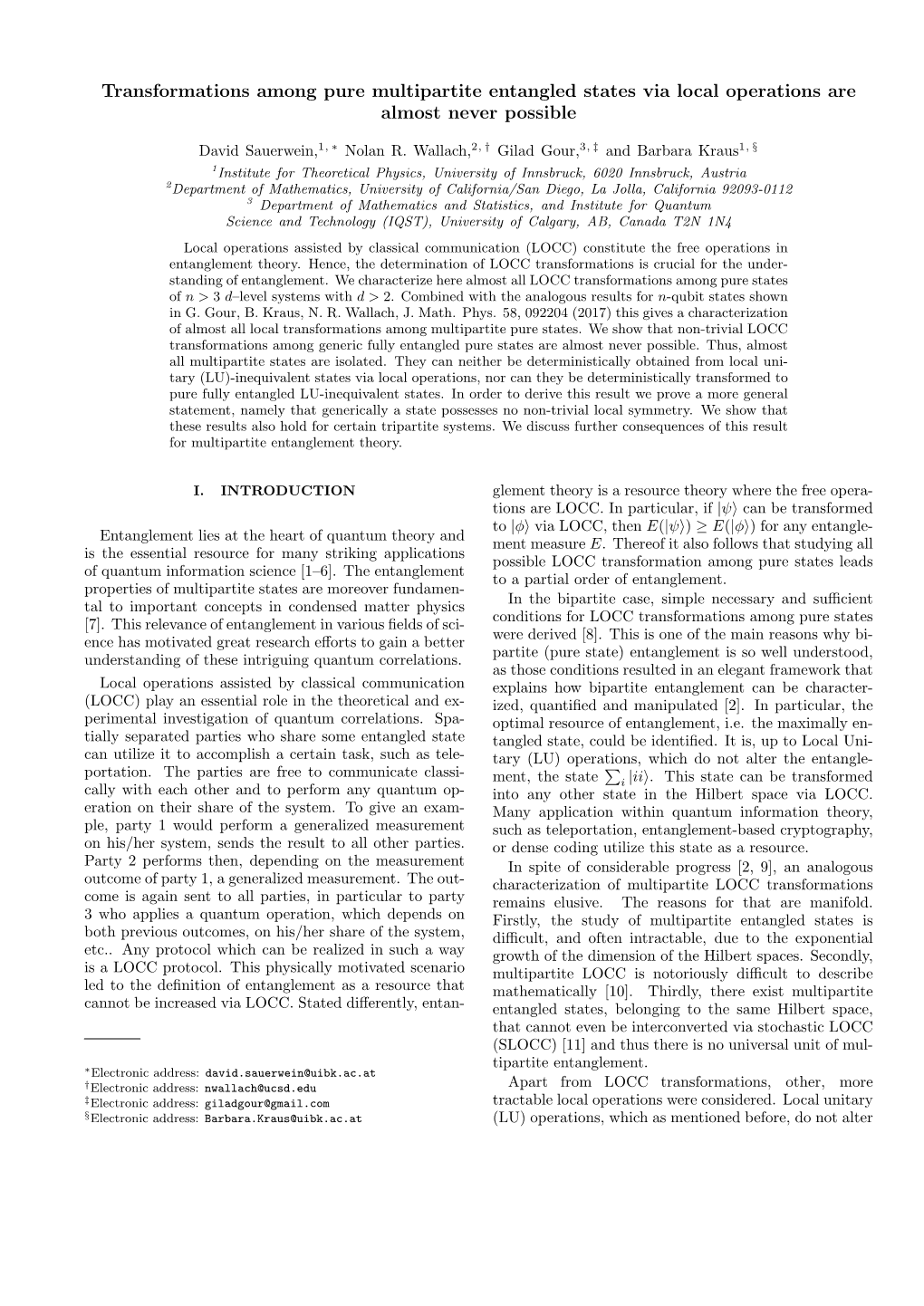 Transformations Among Pure Multipartite Entangled States Via Local Operations Are Almost Never Possible