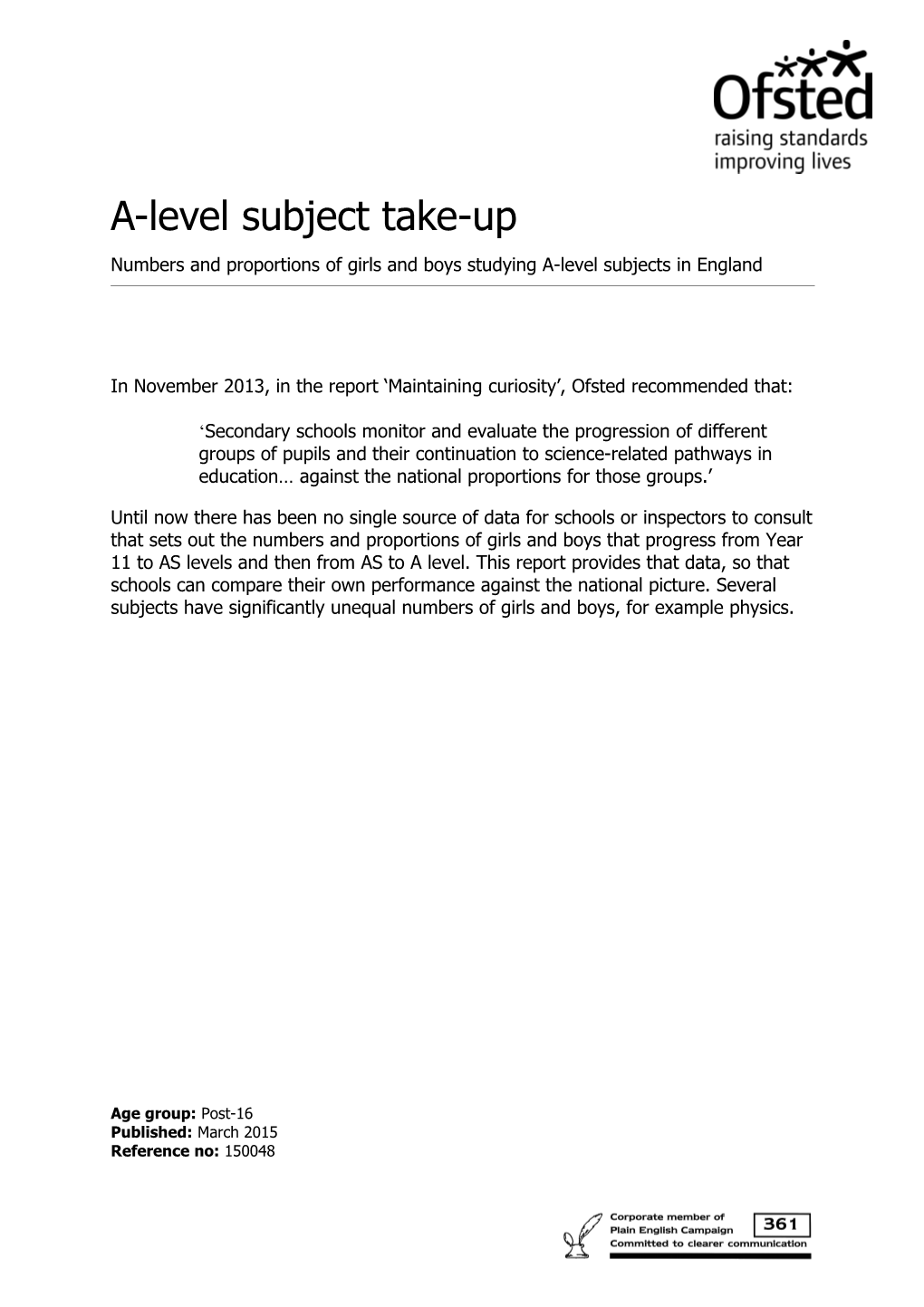 Numbers and Proportions of Girls and Boys Studying A-Level Subjects in England