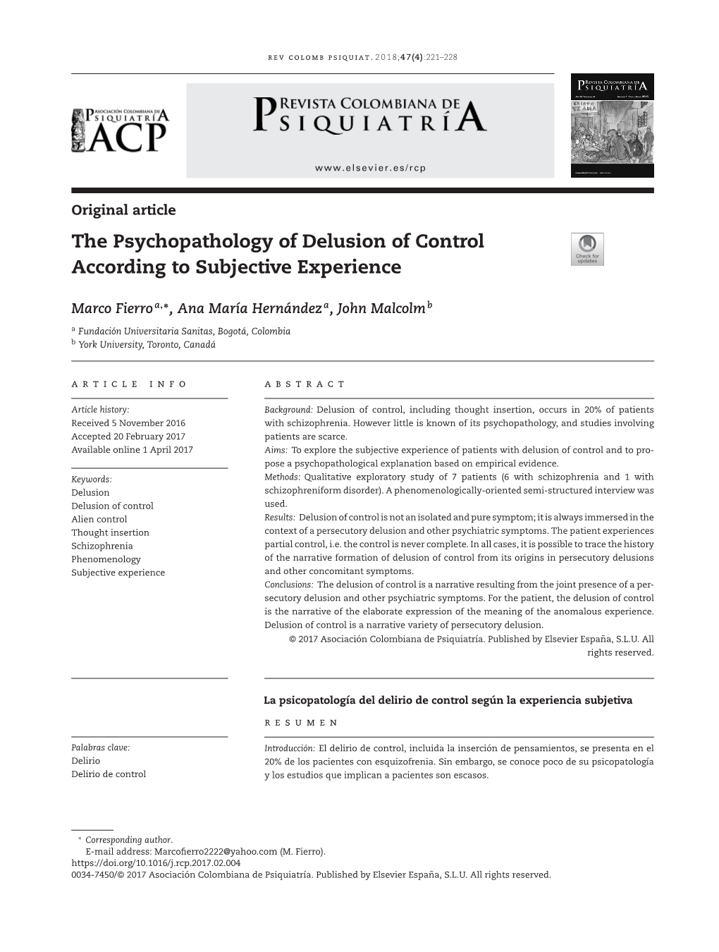 The Psychopathology of Delusion of Control According to Subjective Experience