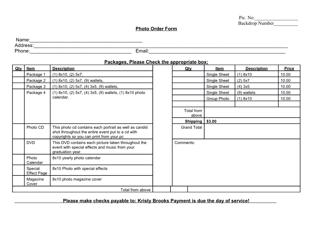 Photo Order Form