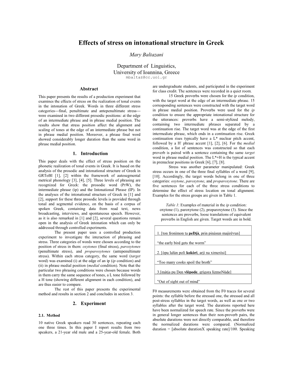 Effects of Stress on Intonational Structure in Greek