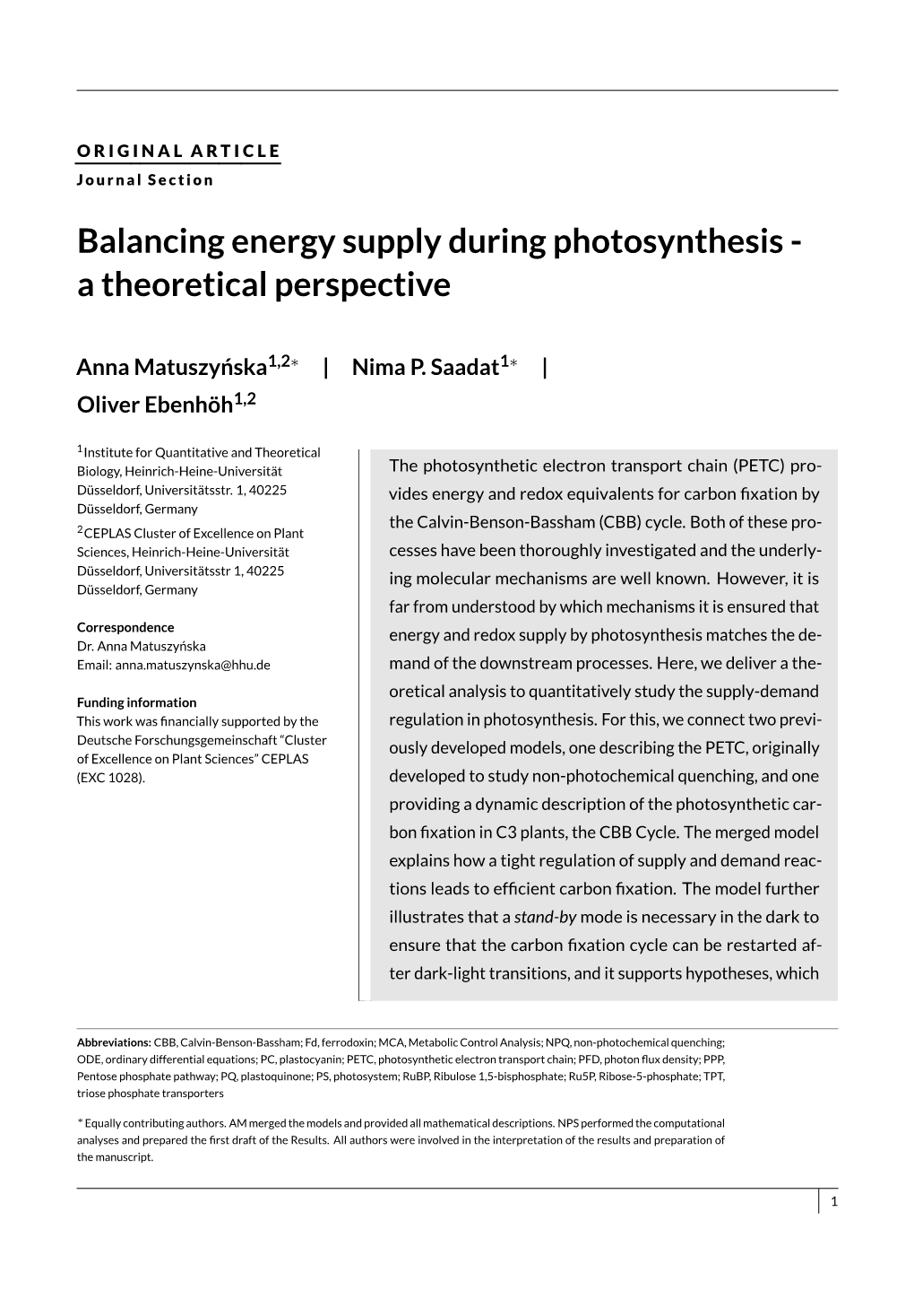 Balancing Energy Supply During Photosynthesis - a Theoretical Perspective