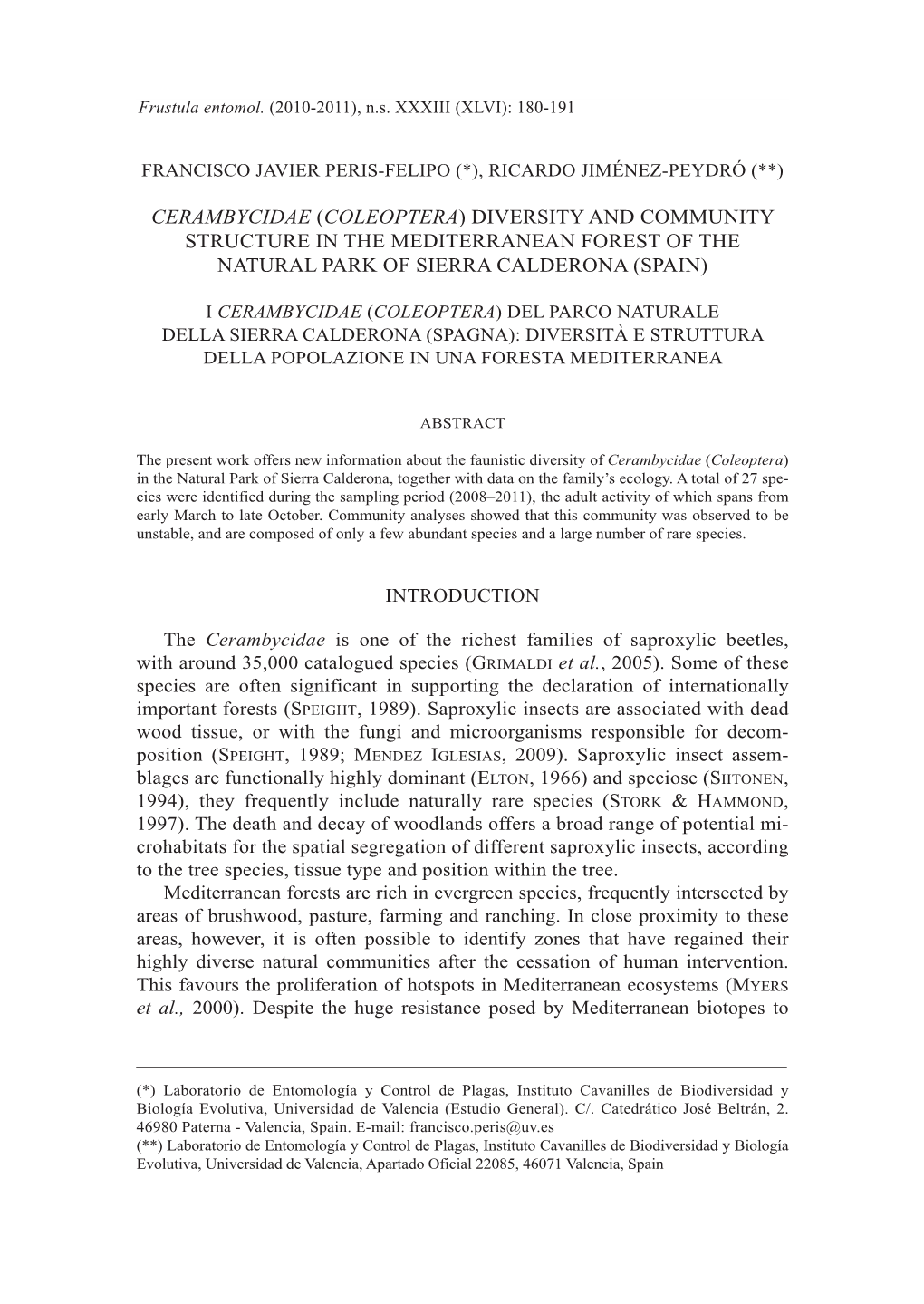 Cerambycidae (Coleoptera) Diversity and Community Structure in the Mediterranean Forest of the Natural Park of Sierra Calderona (Spain)