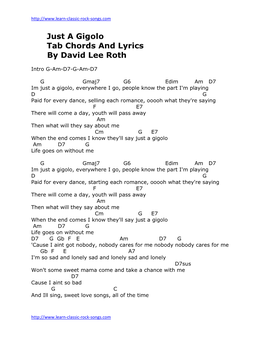 Just a Gigolo Tab Chords and Lyrics by David Lee Roth