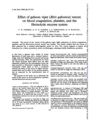 Effect of Gaboon Viper (Bitis Gabonica) Venom on Blood Coagulation, Platelets, and the Fibrinolytic Enzyme System