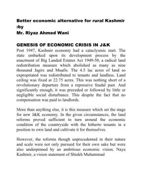Better Economic Alternative for Rural Kashmir :By Mr. Riyaz Ahmed Wani