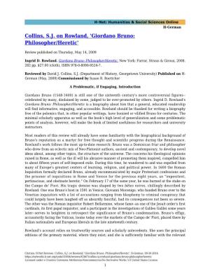 Collins, S.J. on Rowland, 'Giordano Bruno: Philosopher/Heretic'