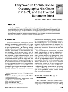 Early Swedish Contribution to ^ ^ Oceanography: Nils Gissler (1715-71) and the Inverted ^ ^ Barometer Effect