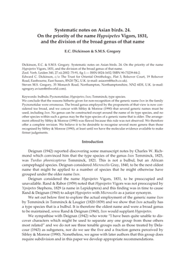 Systematic Notes on Asian Birds. 24. on the Priority of the Name Hypsipetes Vigors, 1831, and the Division of the Broad Genus of That Name