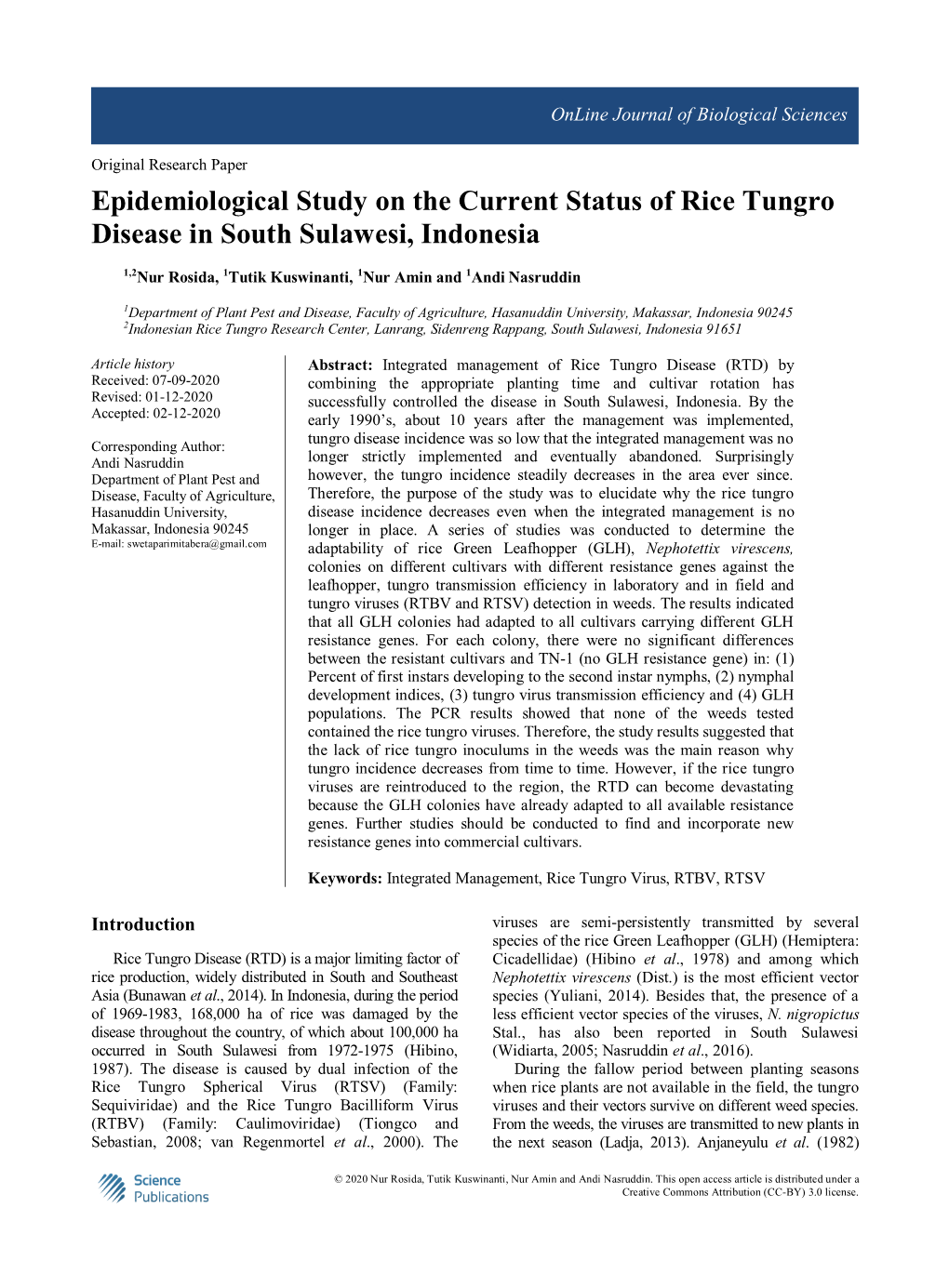 Epidemiological Study on the Current Status of Rice Tungro Disease in South Sulawesi, Indonesia