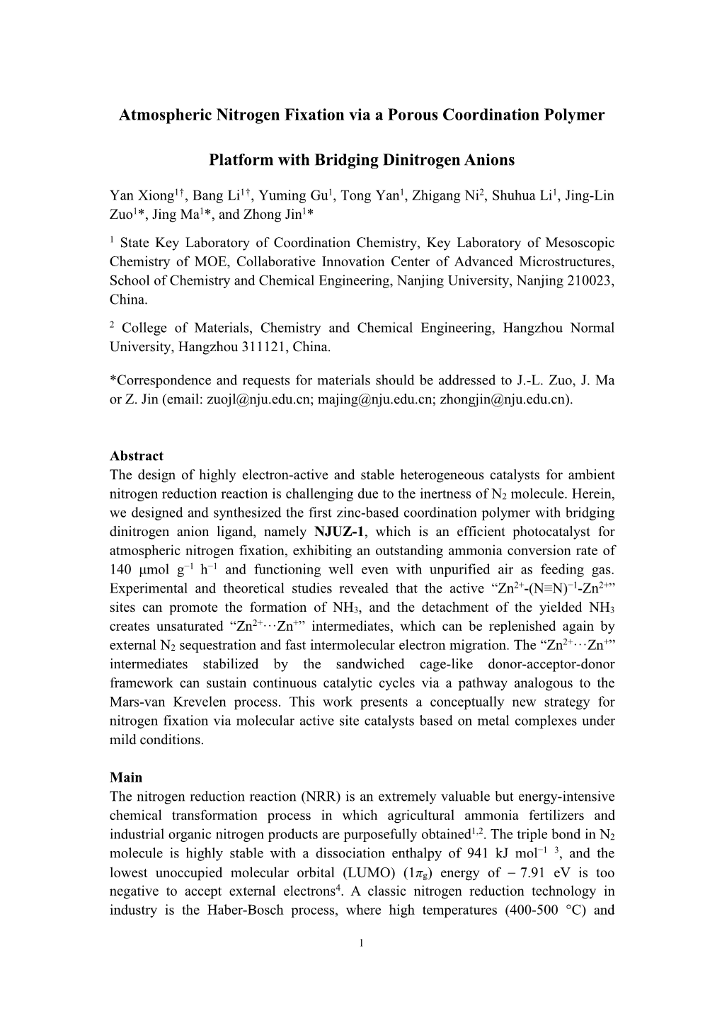 Atmospheric Nitrogen Fixation Via a Porous Coordination Polymer Platform with Bridging Dinitrogen Anions